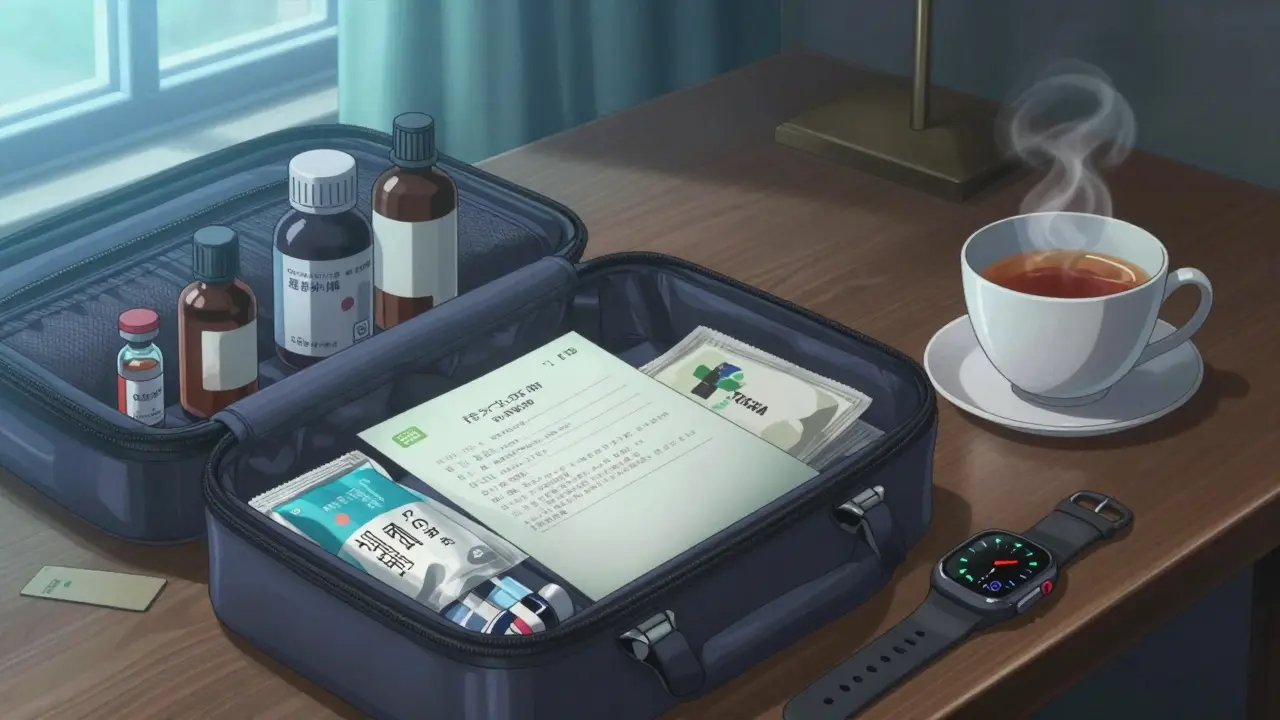 Travel kit with medication bottles, doctor's letter, and cooling pack on hotel desk
