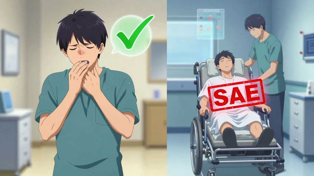 A clinical trial participant contrasting severe symptoms with a serious adverse event marked by color-coded visuals.