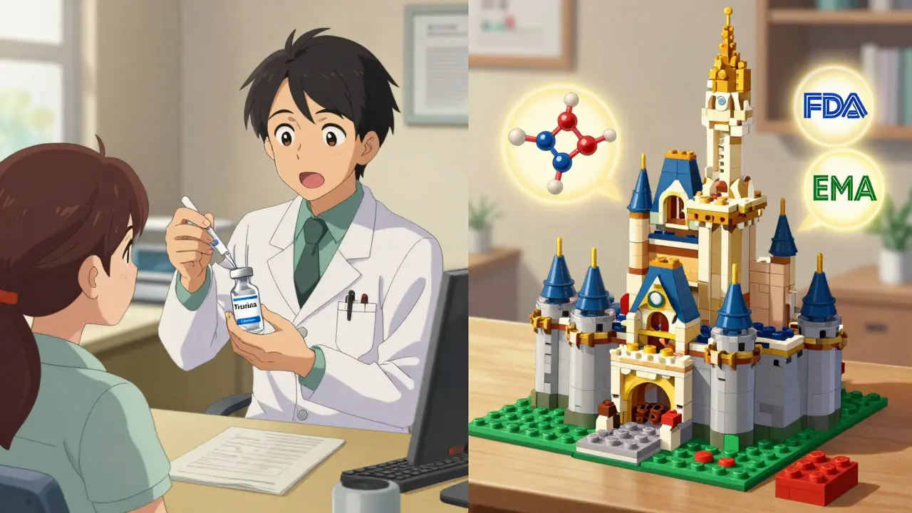 A doctor prescribing a biosimilar to a patient, with molecular comparison visuals in the background.