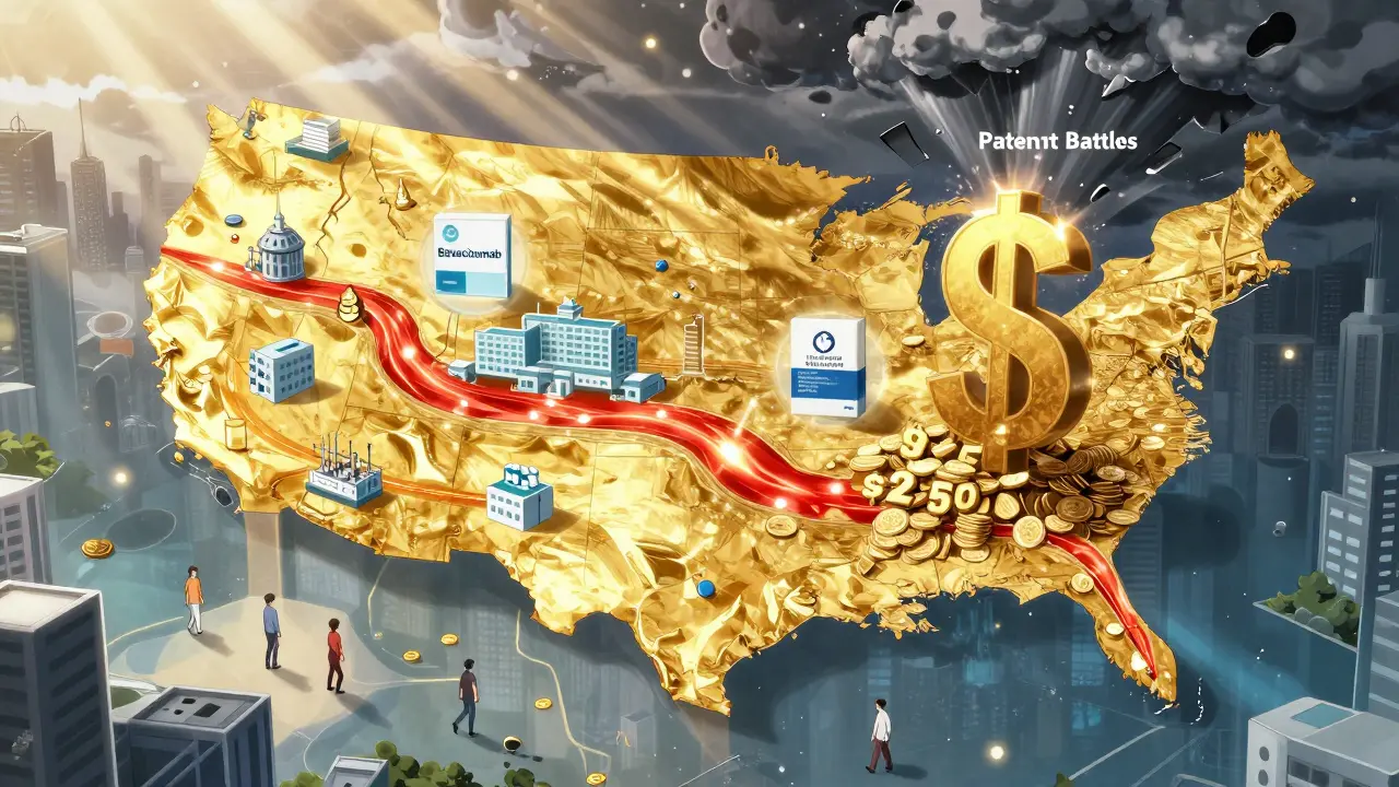A futuristic U.S. healthcare map showing biosimilars driving savings and expanding patient access.