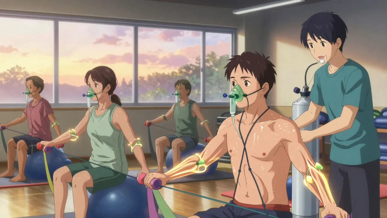 A group of COPD patients exercising with oxygen support in a rehab setting, trainer assisting, warm sunset light in background.