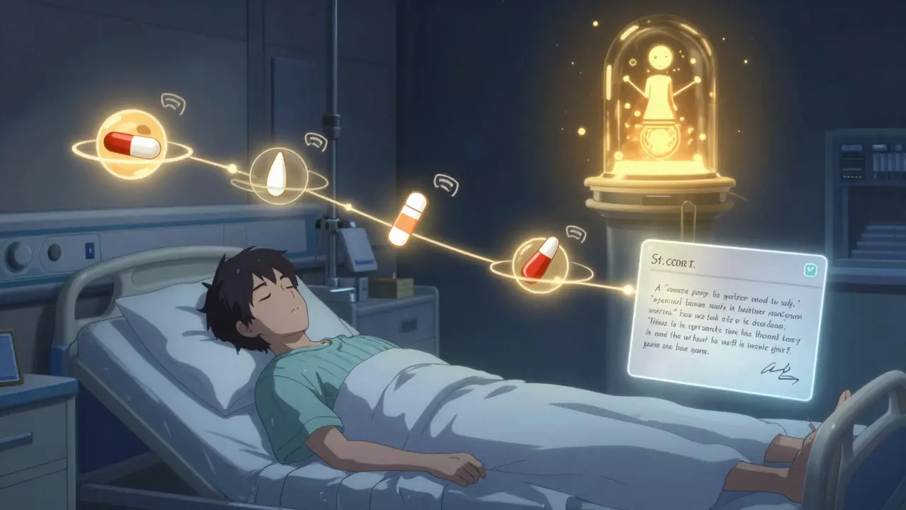 A peaceful patient sleeps as glowing medication icons orbit above, connected by light threads to a distant poison control center, with a floating email summary nearby.
