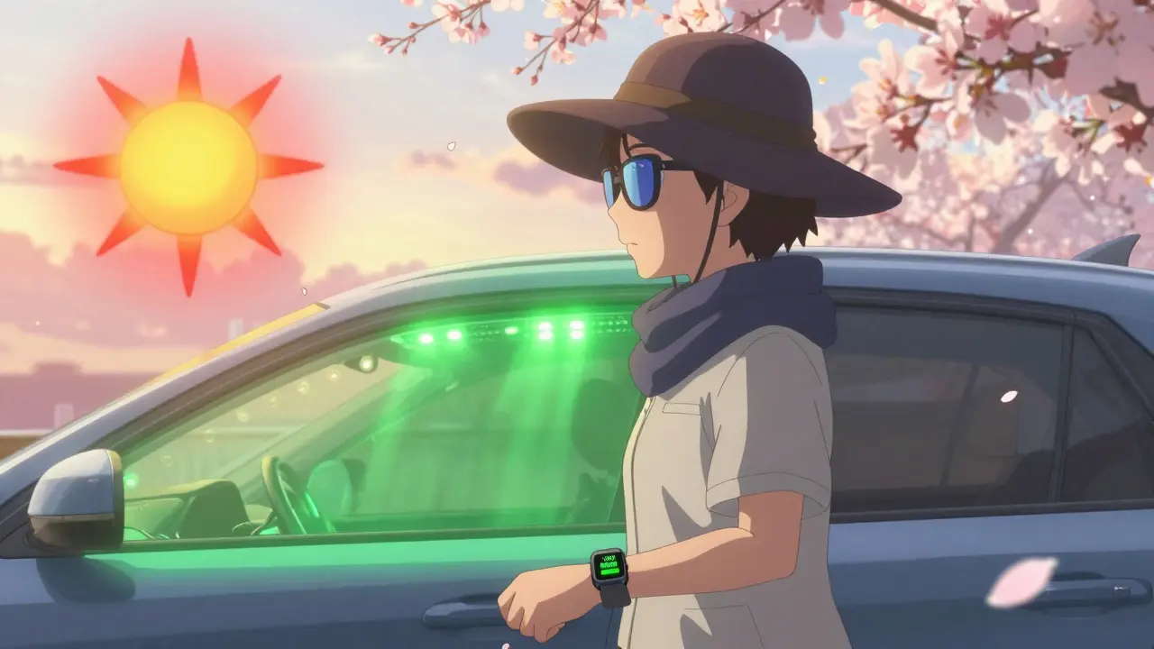 A person walking safely at golden hour wearing UV-protective gear, with a wearable device showing low UV risk.