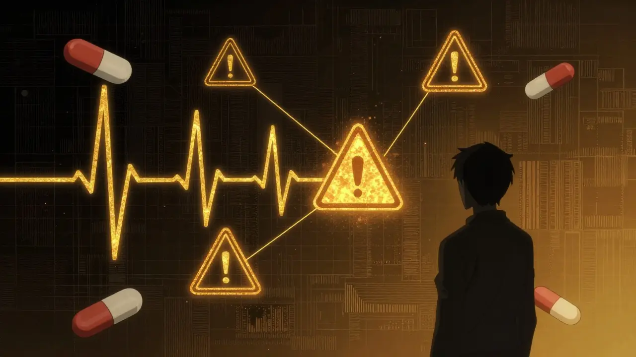 Abstract medical warning symbols connected by light trails