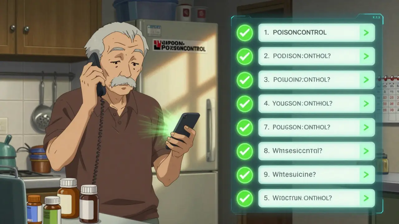 An elderly man dials Poison Control in his kitchen while a digital form guides him through medication details, with the hotline number visible on his fridge.