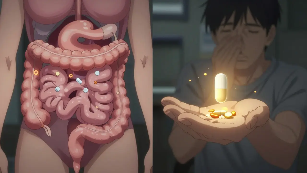 Anatomical illustration showing metformin blocking calcium receptors in the intestine, preventing vitamin B12 absorption, with a glowing calcium supplement offering protection.