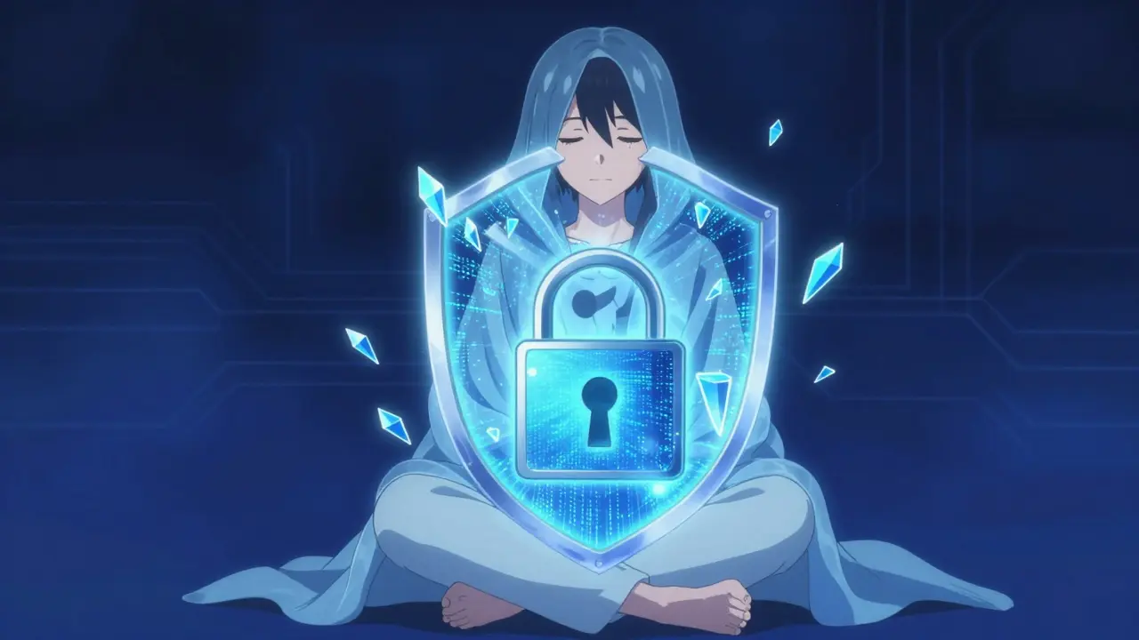 Character protected by translucent blue security shield.