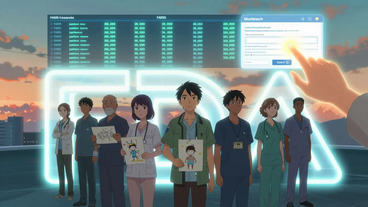 Diverse patients in a symbolic space with glowing FDA report data and a MedWatch submission form.