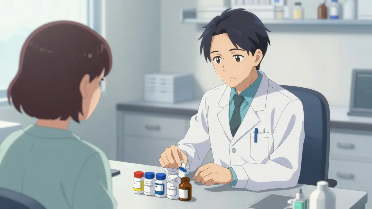 Doctor reviewing patient's medication bottles at clinic