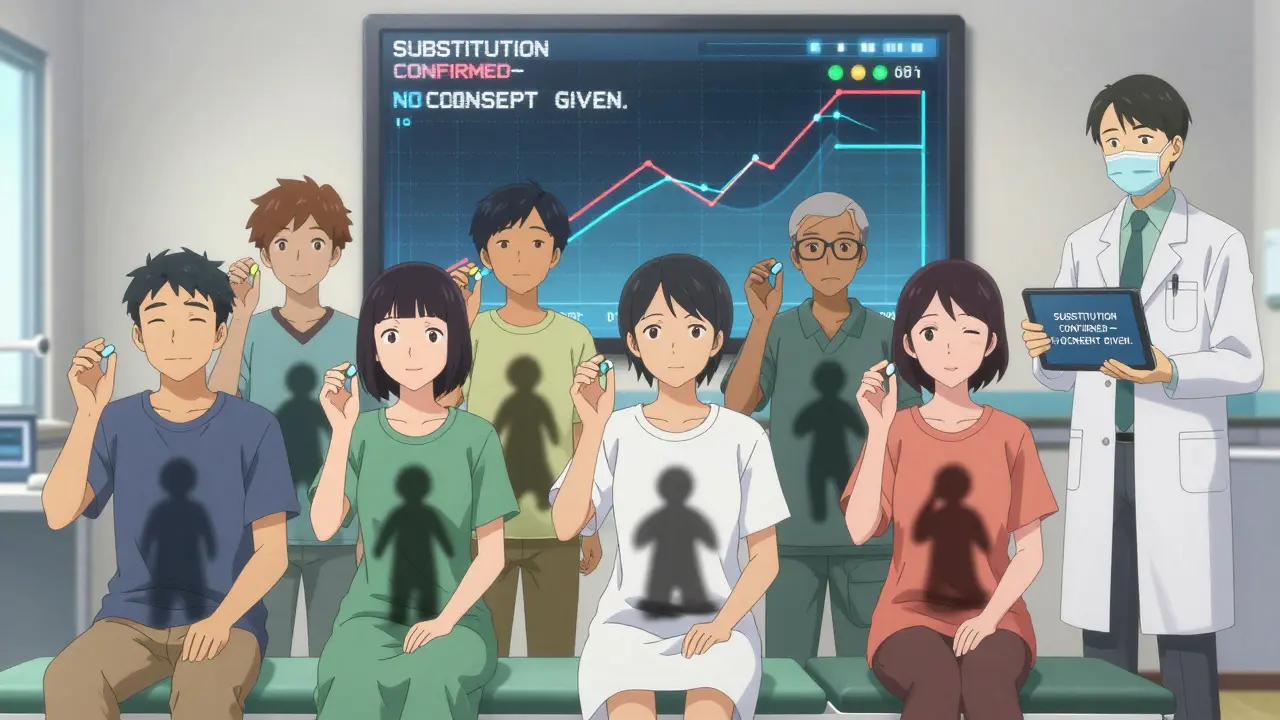Patients hold identical pills whose shadows reveal life-threatening risks, while a doctor watches a substitution notification.