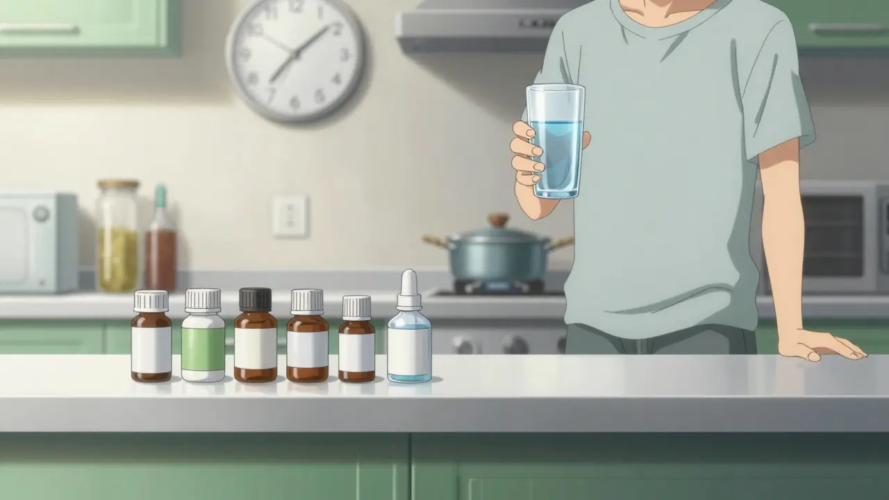 Person drinking water beside organized medicine jars.