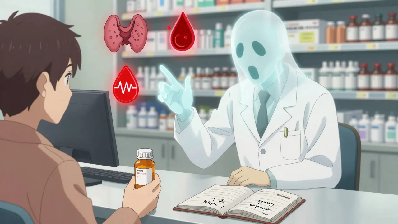 Pharmacist handing a generic pill as a ghostly brand version reaches protectively, with medical warning icons floating in the background.
