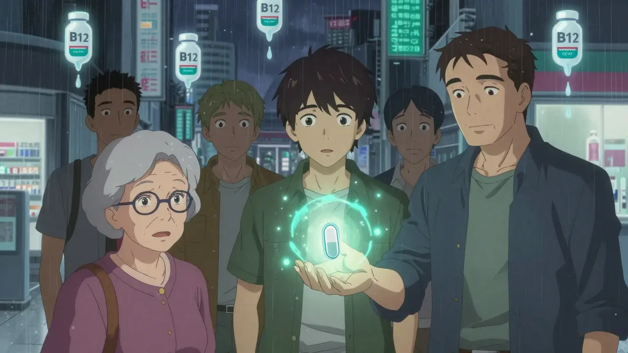 Three high-risk patients surrounded by draining B12 molecules, one reaching for a glowing calcium tablet as a shield against deficiency.