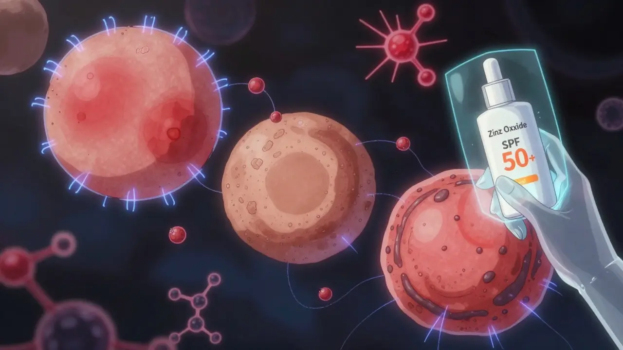 Three types of lupus skin lesions floating with UV waves and immune signals, protected by mineral sunscreen shield.