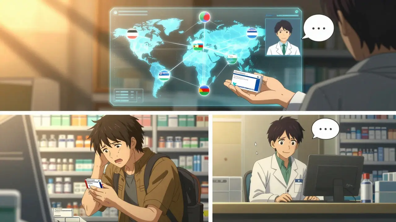 Traveler in foreign pharmacy facing refusal, with hopeful future vision of digital prescription network and telehealth support.