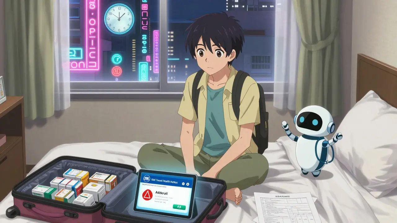 Traveler in Tokyo hotel room with labeled medication containers and doctor’s letter, tablet showing country-specific health notice.