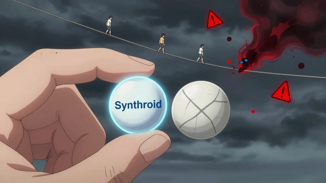 Two pills side by side — one glowing brand, one cracked generic — above a tightrope where patients risk falling into danger.