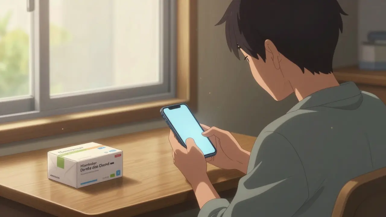 A person at home using a phone to order medication with a delivery package on the table