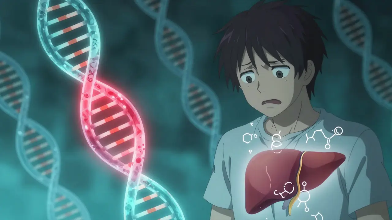 A stylized DNA strand highlighting the CYP2D6 gene next to a distressed character