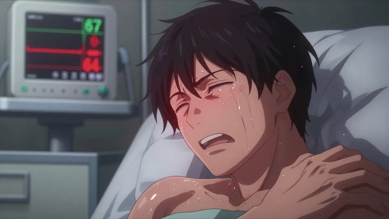 A trembling patient in a clinical setting with spiking temperature monitors