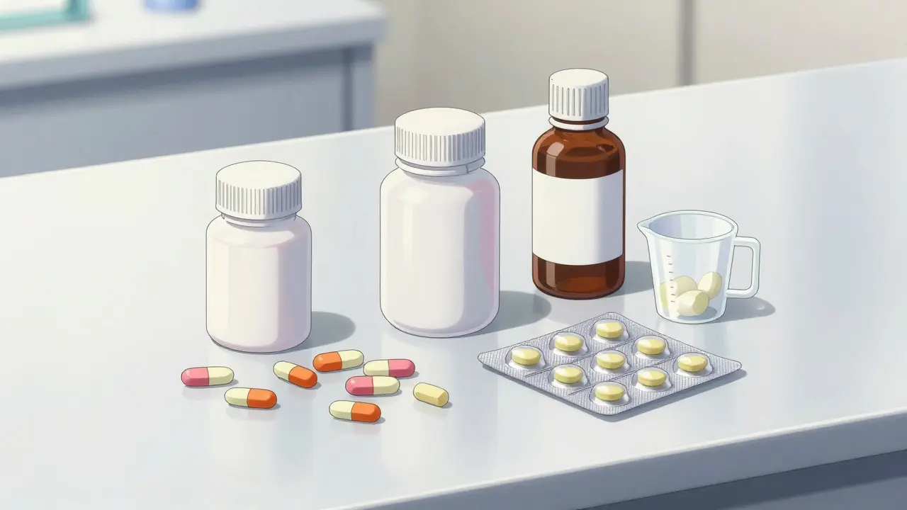 Anime style collection of generic tablets, liquid medicine, and suppositories