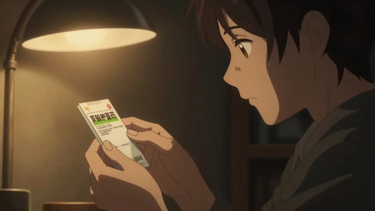 Anime style person carefully reading the ingredient label on a medicine bottle
