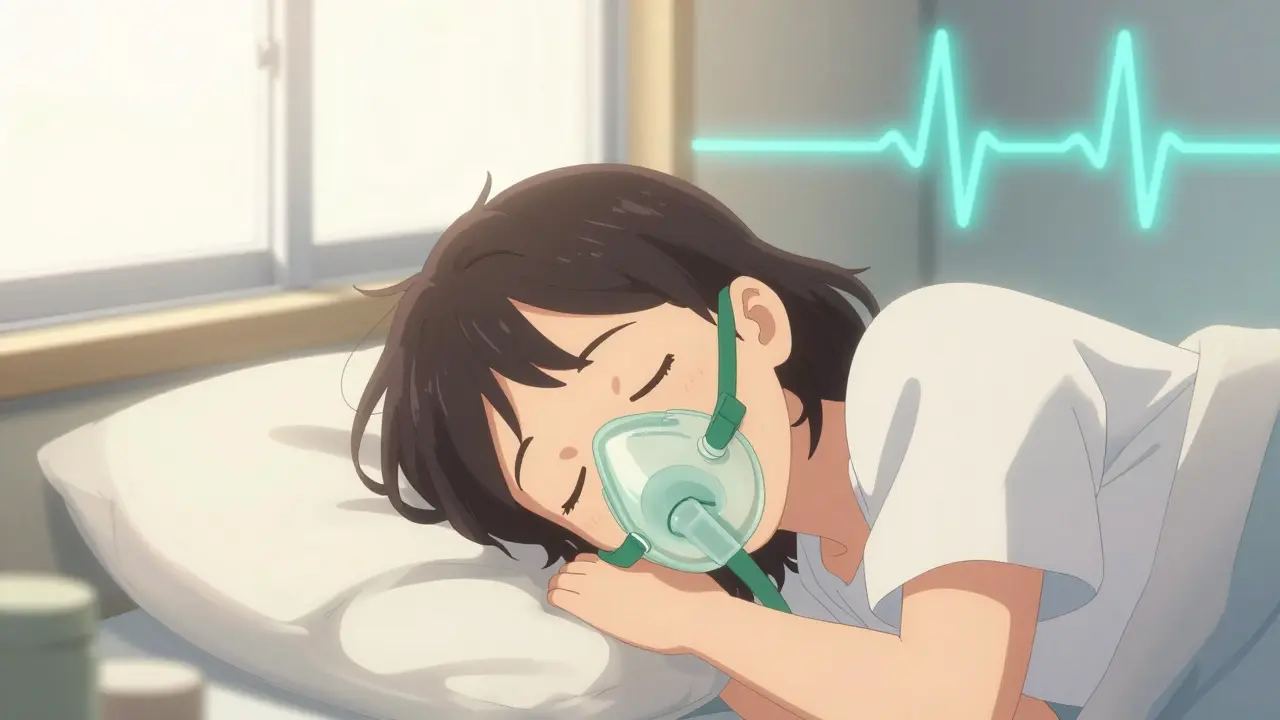 Anime style scene of a person sleeping peacefully using a CPAP machine in soft morning light