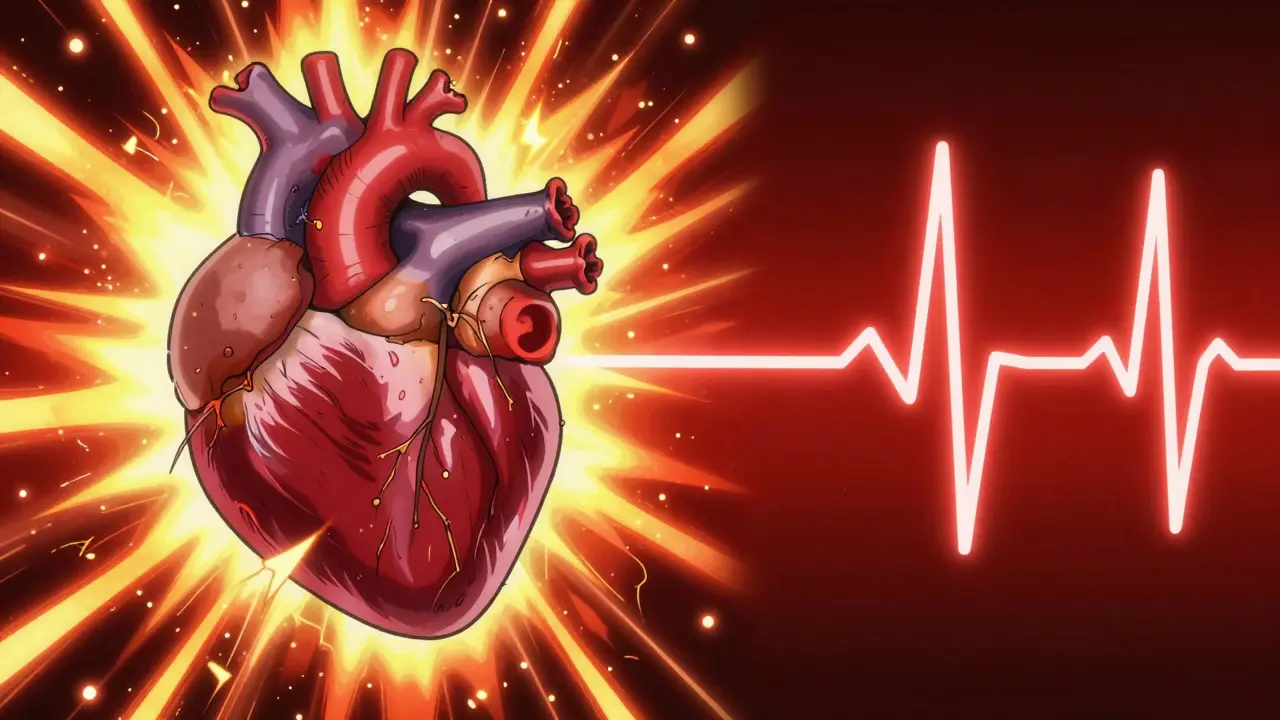 Conceptual anime art showing a heart under stress with electrical sparks and irregular rhythms