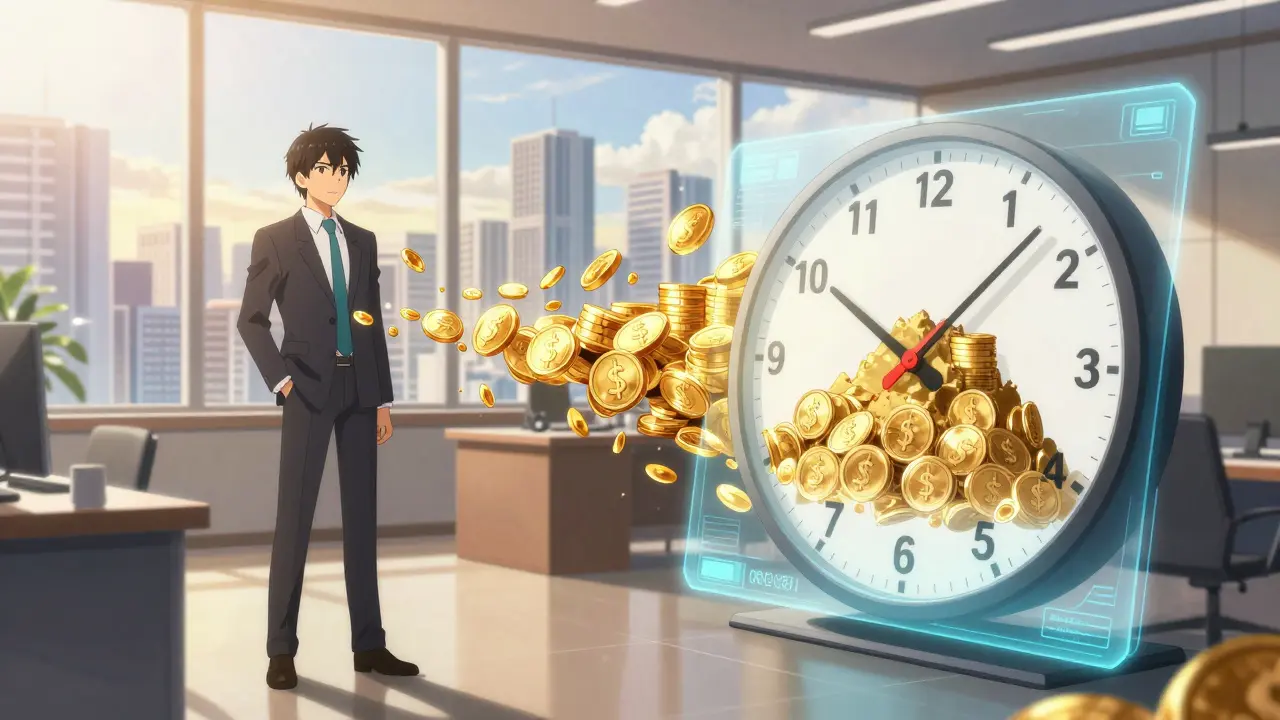 Executive in a modern office symbolizing financial gain and time saved