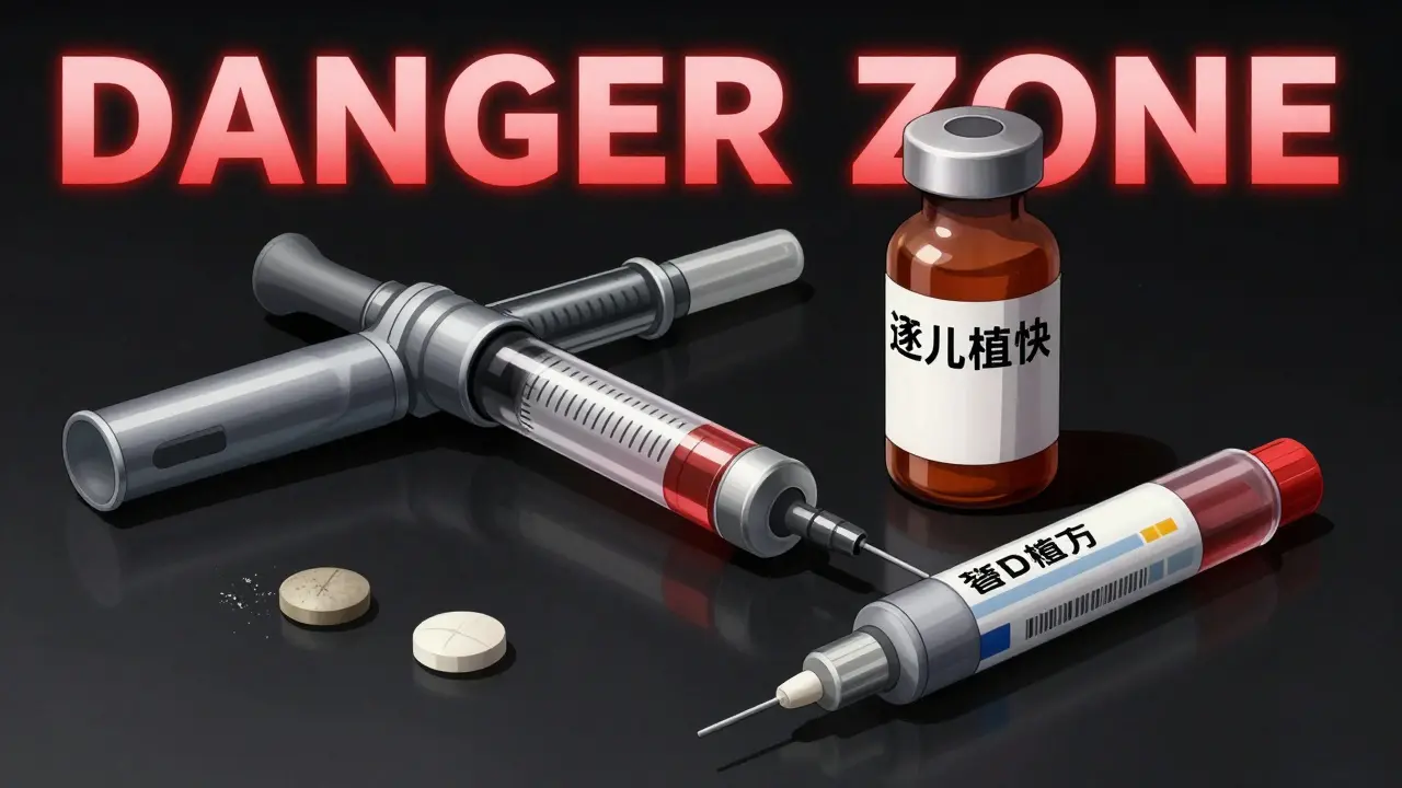 Insulin pen and EpiPen on a dark surface with dramatic lighting in anime style