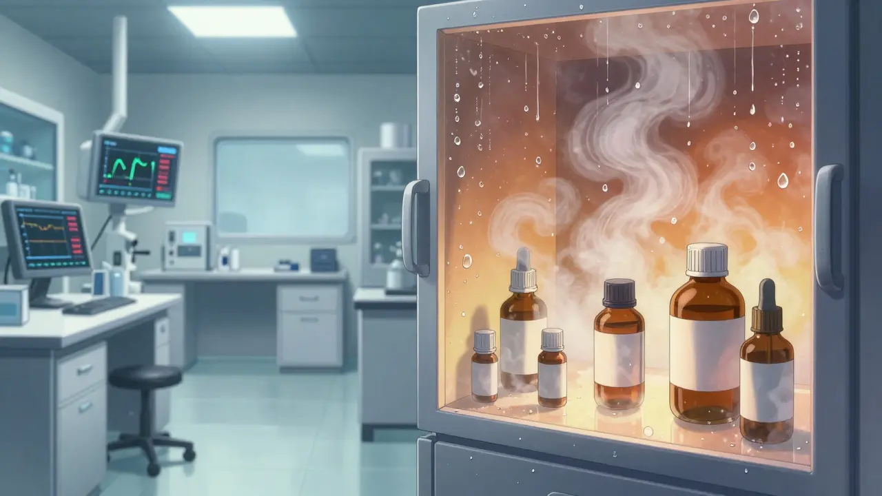 Split screen comparing a sterile lab and a humid bathroom cabinet in anime style